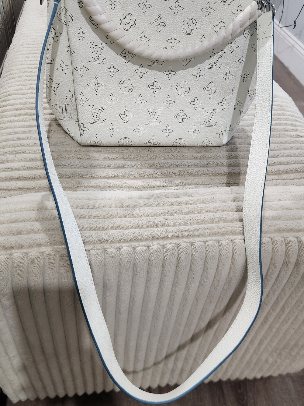 Louis Vuitton White Monogram Shoulder Bag with Blue-Trim Strap